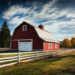 Obraz premium Classic red barn with white fence