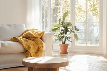 bright scandinavian living room bathed in golden sunlight featuring light gray linen sofa round wooden coffee table