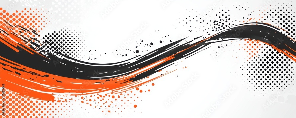 Poster an abstract design featuring dynamic black and orange brush strokes over a white background, creatin