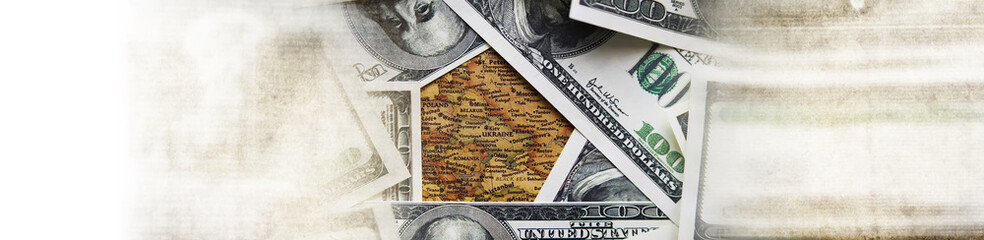 Banner for design. Ukrain map of Europe. American financial military assistance. Ukraine crisis and...
