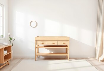 Empty light wood changing table in a nursery, minimalist decor, kids furniture, baby furniture