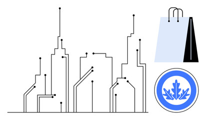 Abstract city outline with digital node connections, eco-friendly oak leaf badge, and shopping bag. Ideal for sustainability, smart urbanism, innovation, technology, retail, eco-consciousness