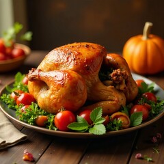 Whole roasted turkey on a platter with garnish, ready to serve for Thanksgiving dinner, food, feast, platter