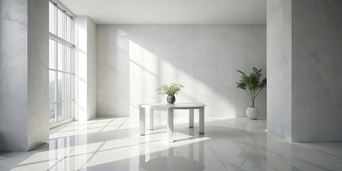 Fototapeta premium Minimalistic White Fashion Photography Studio with Marble Table and Sunlit Background for Product Placement and Design Mockups