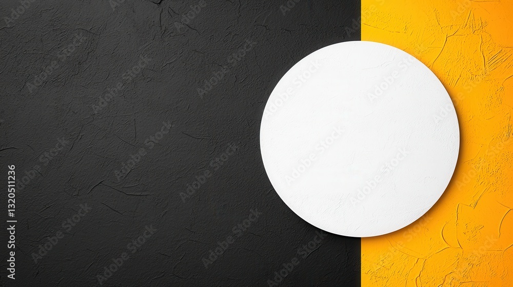 Poster a minimalist design featuring a white circle on a black and yellow textured background, creating a b
