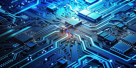 Fototapeta premium Modern Abstract Blue Circuit Board Design - Aerial Photography of Digital Technology and Innovation in a Sleek Futuristic Style