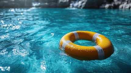 A bright yellow lifebuoy floats on a turquoise pool, offering safety and relaxation on a summer day.