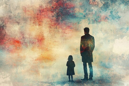 In a poignant watercolor scene, a father stands before his child, his posture reflecting remorse He is seeking forgiveness for a misunderstanding The air crackles with unspoken emotions The artist