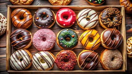 Fototapeta premium Panoramic Top-Down View: Delicious Chocolate & Cream Donuts in Box - High-Resolution Bakery Photo