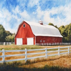 Classic red barn with white fence