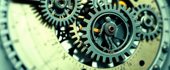 Intricate clockwork gears, human forms subtly suggested within, illustration, industrial