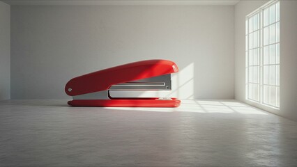 Oversized red stapler in a minimalist sunlit room