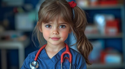 In a safe and happy clinic, a child anticipates her check-up, finding solace and curiosity in a toy doctor set The little girl, dressed in medical attire, immerses herself in imaginative play