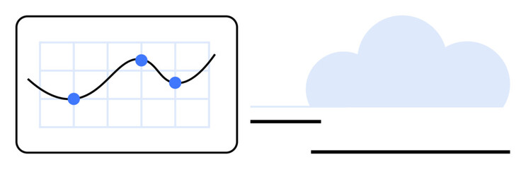 Line graph with data points illustrating growth trend linked with cloud shape, symbolizing cloud computing, storage, analytics, innovation, connectivity, security, and progress. Ideal for technology