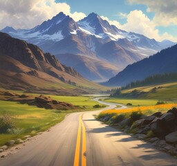 Fototapeta premium Illustration of road in wild and scenic landscape.