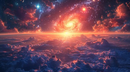Naklejka premium Epic sunrise over swirling galaxy cloudscape