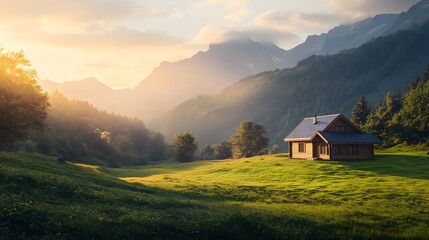 Obraz premium Lush valley cabin escape scenic and serene sunrise experience