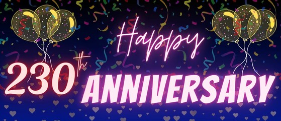 230th anniversary neon calligraphy text and number. Confetti and balloon isolated on elegant blue gradient background, sparkle, design for greeting card, print.