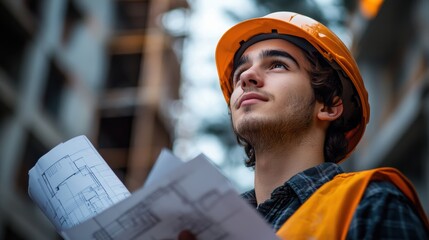 A young architect, his helmet perched jauntily on his head, his brow furrowed in concentration as he gazed to the side, his expression thoughtful as he held aloft blueprints, symbolizing his creative