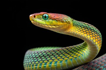 Fototapeta premium close up of a rainbow color snake isolated in black