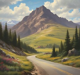Illustration of road in wild and scenic landscape.