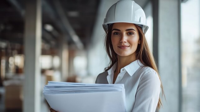 A woman, adorned in a pristine white safety helmet and wielding a stack of blueprints, stood confidently against a stark white backdrop, her focused expression radiating determination and expertise