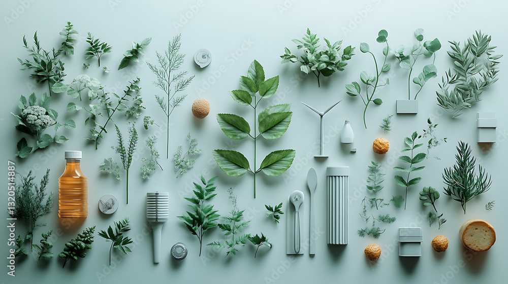 Poster flat lay arrangement of plants and objects on a light mint background