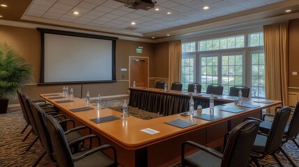 Fototapeta premium A conference room featuring a large meeting table, several chairs, and a projector screen, with natural light streaming in through the glass windows, creating a bright atmosphere.