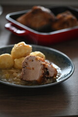 Traditional Czech Homemade Potato Dumpling with Roast Pork