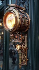 Intricate steampunk lamp fixture mounted on an elegant building exterior.