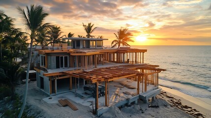 Fototapeta premium House Construction by the Ocean with Wooden Frame at Sunset