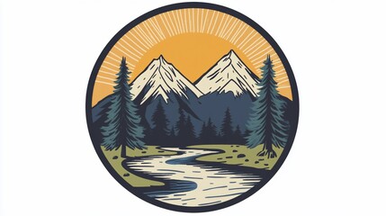 Vintage Mountain Landscape Badge with River and Pine Trees Illustration