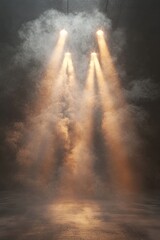 A dramatic scene with smoky light beams illuminating a space in soft colors.