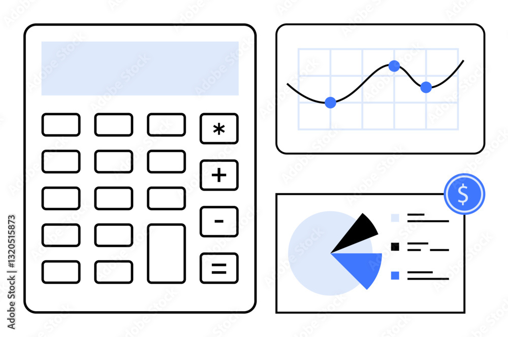 Aufkleber calculator alongside a graph with data points and a pie chart with a dollar emblem. ideal for budget
