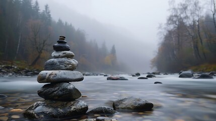Stacked rock cairns on a misty riverbank under natural overcast light