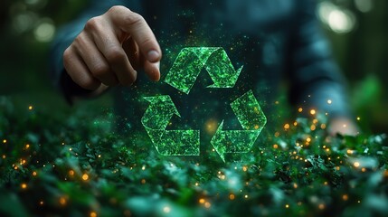A businessman points at a recycle symbol made of green leaves, promoting eco-friendly practices and sustainability.
