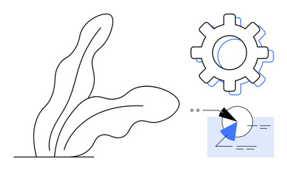 Abstract leaves paired with a gear and chart diagram highlighting synergy between nature, technology, and processes. Ideal for innovation, sustainability, automation, eco-tech, analysis, growth flat