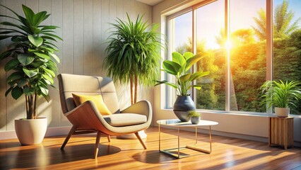 Sunlit Living Room: Contemporary Chair & Potted Plant - Architectural Photography