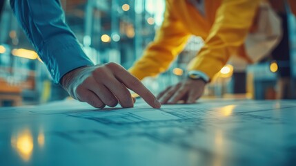 Obraz premium A close-up captures two architects and engineers collaborating intently on a construction blueprint, their focused expressions illuminating the dynamic nature of the project planning and design