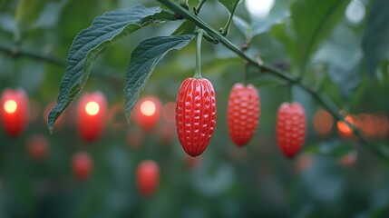 Obraz premium Red, bumpy fruits hanging from vines, lit by warm lights