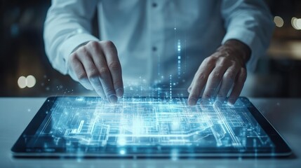 A man, clad in architect attire, meticulously navigates the digital landscape of a tablet computer, his fingertips dancing across a screen displaying a blueprint of a grand building.