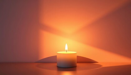 Soft glow minimalist candle, geometric shadows cast on wall,  home staging, dark background