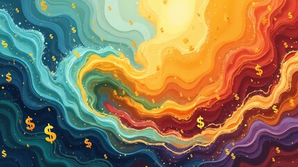 Fototapeta premium Abstract illustration combining vibrant colors and dollar symbols to represent financial concepts and economic growth in a creative visual format