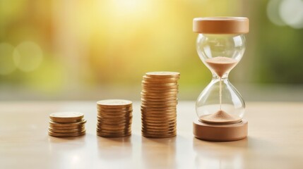 Time management and financial growth represented by an hourglass with stacked coins in a warm, sunlit setting