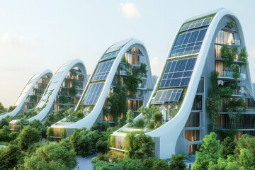 Fototapeta premium Futuristic eco-friendly buildings with curved roofs and solar panels, surrounded by lush greenery, symbolizing sustainable architecture and modern living