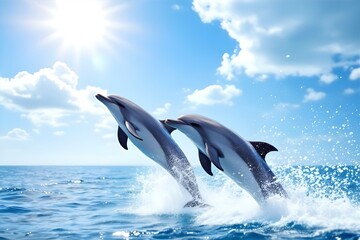 Fototapeta premium Two Dolphins Jumping Out of the Ocean Water on a Sunny Day | Marine Wildlife Photography | Ocean Animals Stock Image