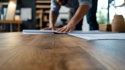 In a sleek, contemporary office, a young architect and engineer collaborate intently, their hands hovering over blueprints, their focused gazes locked onto the intricate details of a modern building