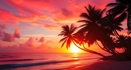 Tropical sunset, silhouetted palm trees, vibrant orange and pink sky