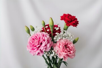 Fototapeta premium Pink & Red Carnation Bouquet on White Background | Floral Still Life Photography | Flower Arrangement for Mother's Day & Special Occasions