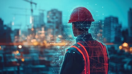 A skilled civil engineer, clad in a hardhat and safety vest, surveys the construction site, a futuristic marvel taking shape beneath his watchful gaze. The image is generated by an AI, adding a